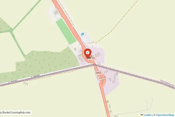 Close-up map showing a border crossing point with marker at the selected land port of entry between Ukraine and Romania