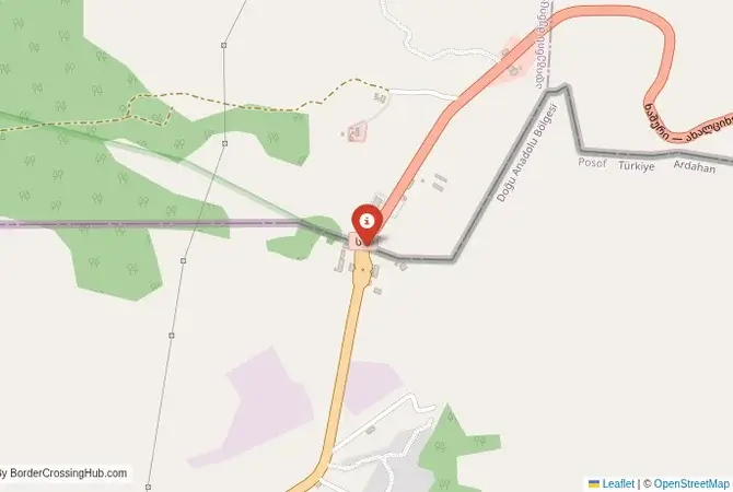 Close-up map showing a border crossing point with marker at the selected land port of entry between Georgia and Turkey