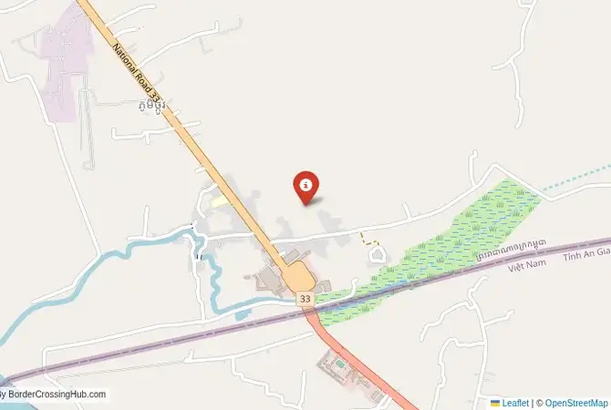 Close-up map showing a border crossing point with marker at the selected land port of entry between Cambodia and Vietnam