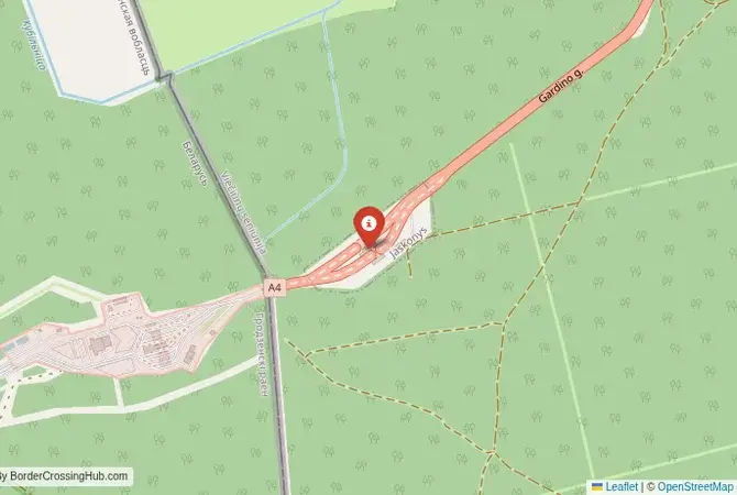 Close-up map showing a border crossing point with marker at the selected land port of entry between Belarus and Lithuania