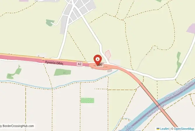 Close-up map showing a border crossing point with marker at the selected land port of entry between Turkey and Greece