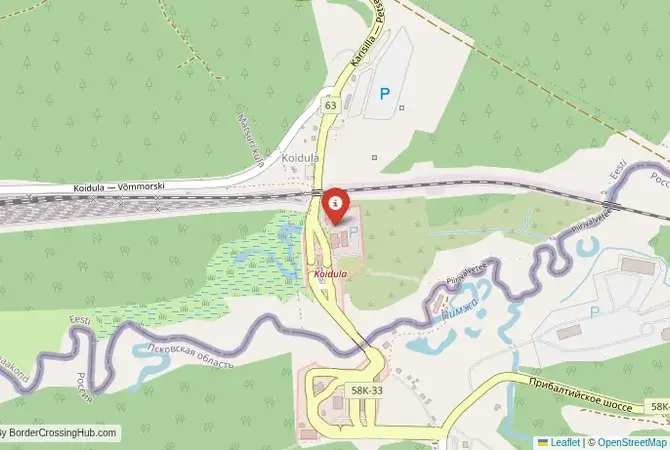 Close-up map showing a border crossing point with marker at the selected land port of entry between Russia and Estonia