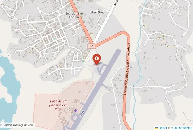 Close-up map showing a border crossing point with marker at the selected land port of entry between Colômbia and Venezuela