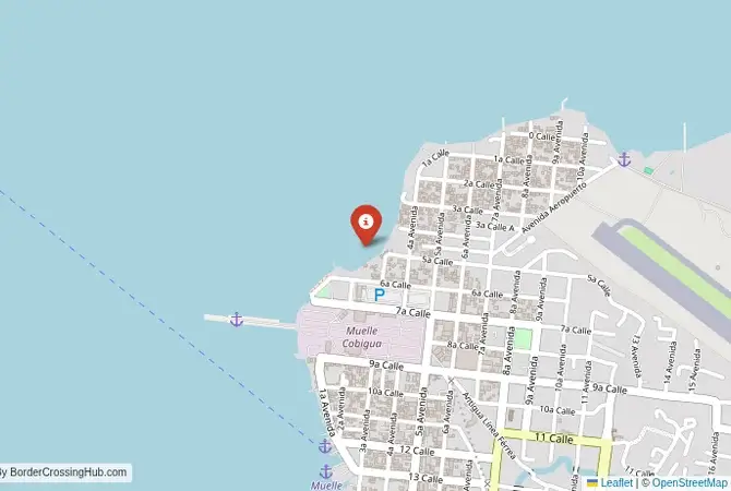 Close-up map showing a border crossing point with marker at the selected land port of entry between Guatemala and Belize