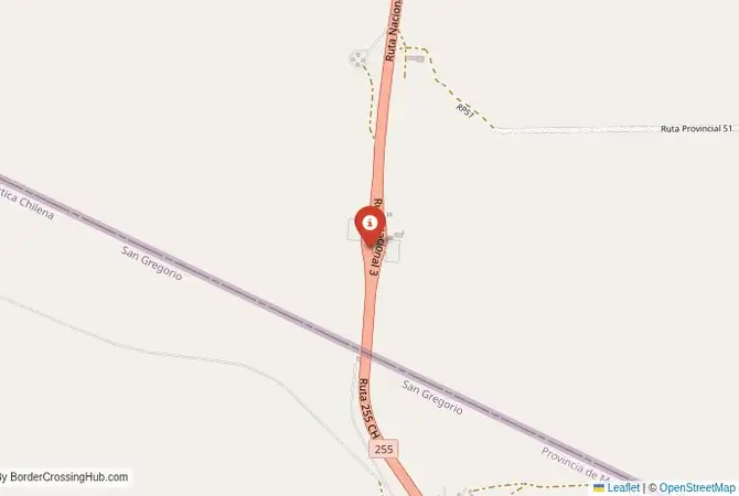 Close-up map showing a border crossing point with marker at the selected land port of entry between Argentina and Chile