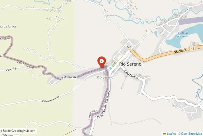 Close-up map showing a border crossing point with marker at the selected land port of entry between Costa Rica and Panamá