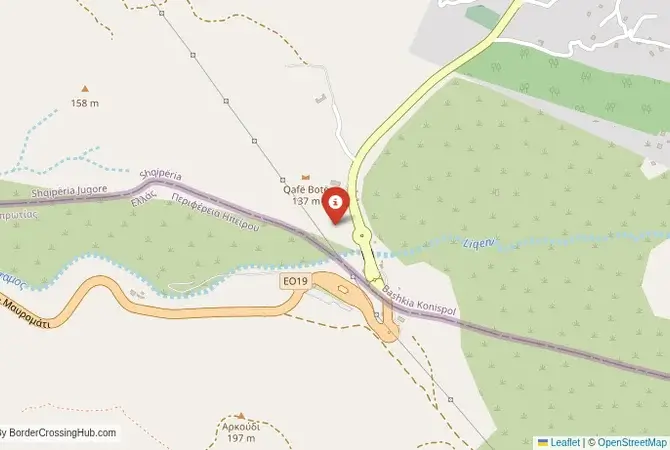 Close-up map showing a border crossing point with marker at the selected land port of entry between Albania and Greece