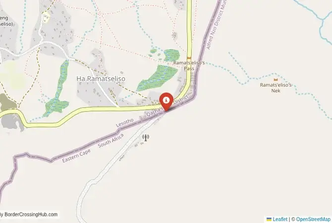 Close-up map showing a border crossing point with marker at the selected land port of entry between South Africa and Lesotho