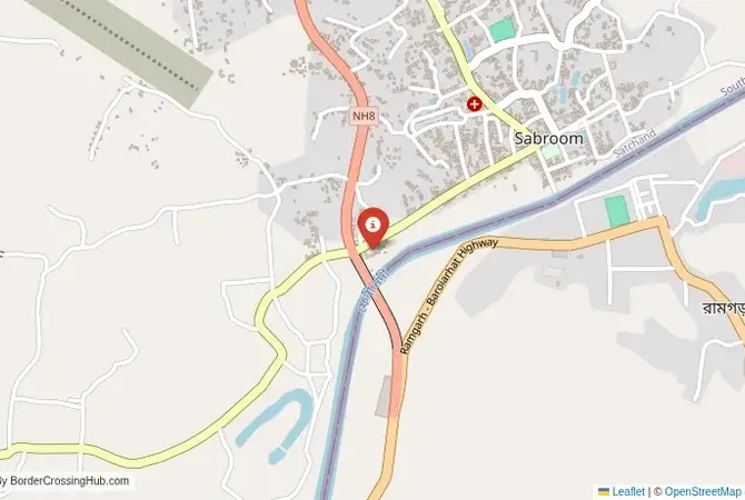 Close-up map showing a border crossing point with marker at the selected land port of entry between Bangladesh and India