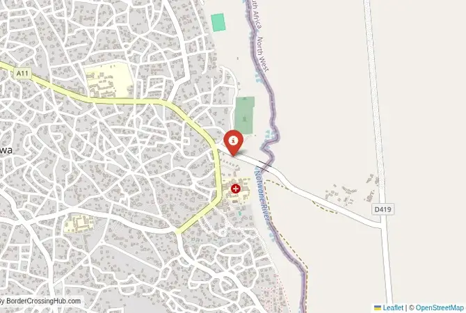 Close-up map showing a border crossing point with marker at the selected land port of entry between Botswana and South Africa