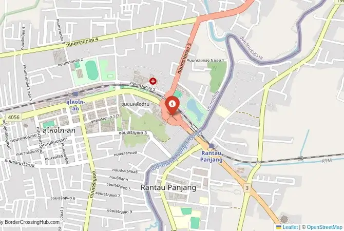 Close-up map showing a border crossing point with marker at the selected land port of entry between Thailand and Malaysia