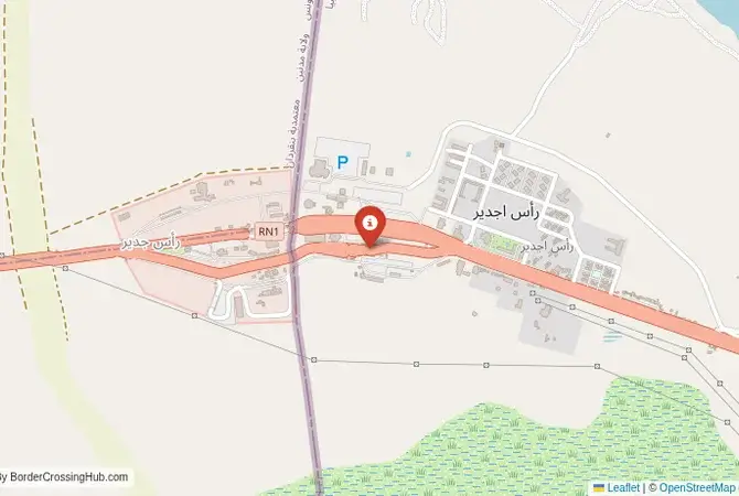 Close-up map showing a border crossing point with marker at the selected land port of entry between Libya and Tunisia