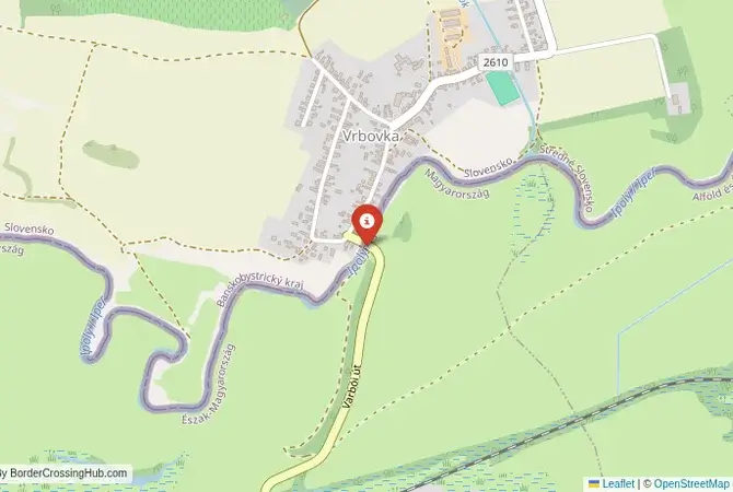 Close-up map showing a border crossing point with marker at the selected land port of entry between Slovakia and Hungary