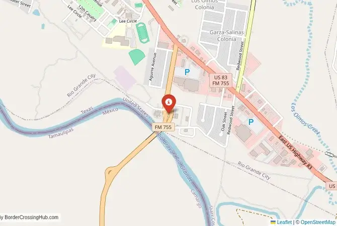 Close-up map showing a border crossing point with marker at the selected land port of entry between United States and Mexico