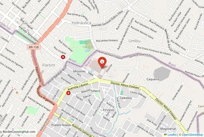 Close-up map showing a border crossing point with marker at the selected land port of entry between Brazil and Uruguay