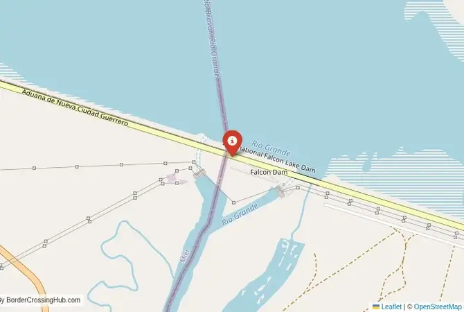 Close-up map showing a border crossing point with marker at the selected land port of entry between United States and Mexico