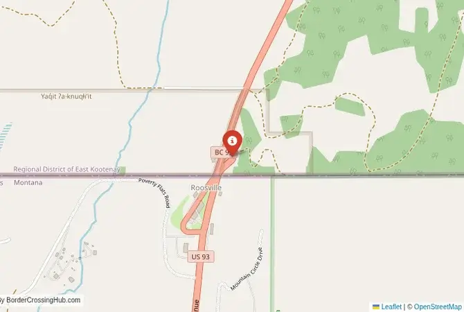 Close-up map showing a border crossing point with marker at the selected land port of entry between United States and Canada