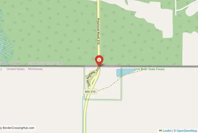 Close-up map showing a border crossing point with marker at the selected land port of entry between United States and Canada