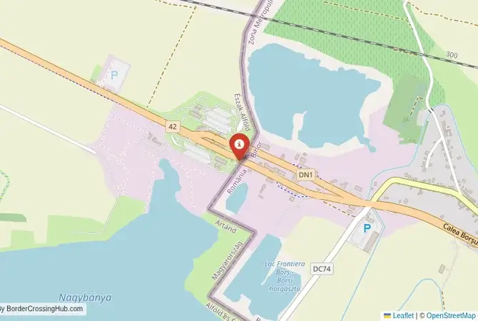 Close-up map showing a border crossing point with marker at the selected land port of entry between Hungary and Romania