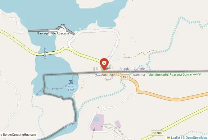 Close-up map showing a border crossing point with marker at the selected land port of entry between Namibia and Angola