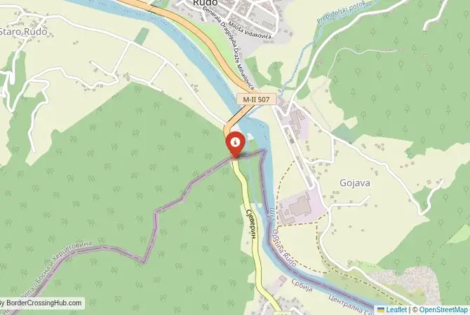 Close-up map showing a border crossing point with marker at the selected land port of entry between Bosnia and Herzegovina and Serbia