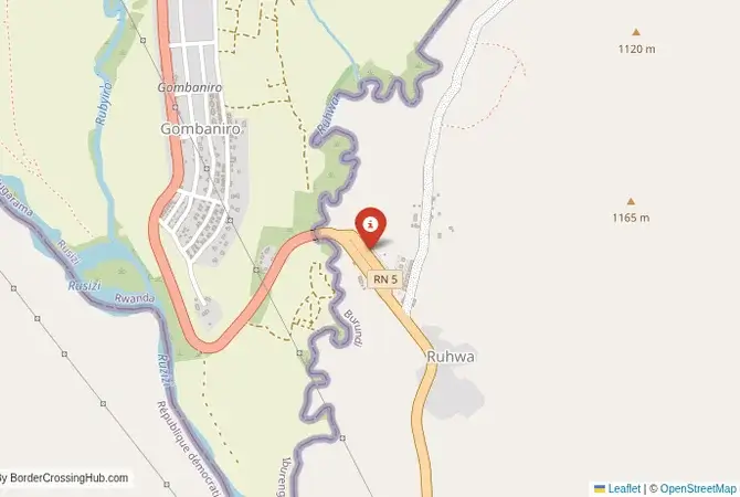 Close-up map showing a border crossing point with marker at the selected land port of entry between Rwanda and Burundi