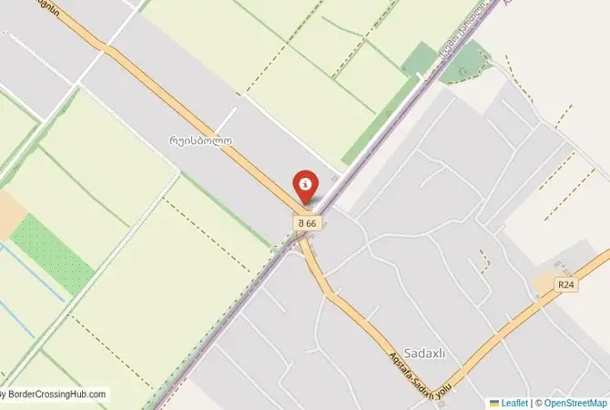 Close-up map showing a border crossing point with marker at the selected land port of entry between Georgia and Azerbaijan