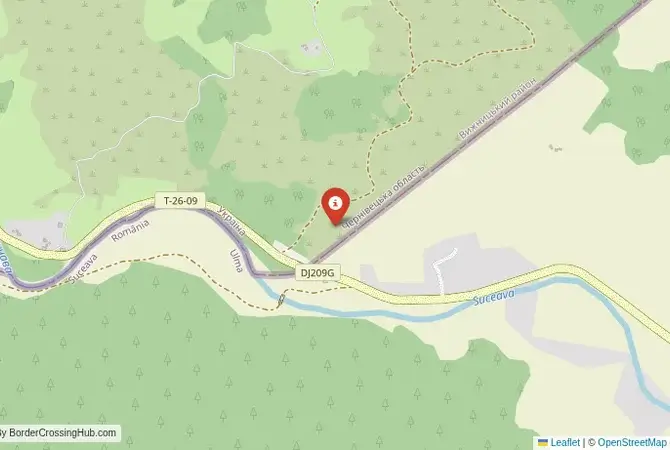 Close-up map showing a border crossing point with marker at the selected land port of entry between Ukraine and Romania