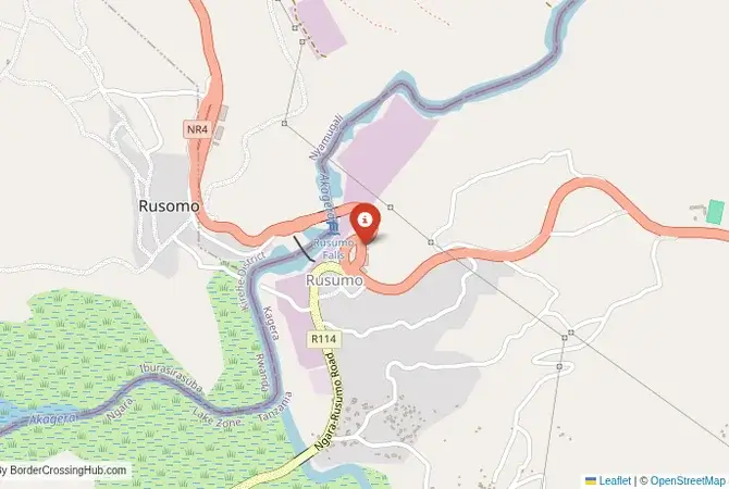 Close-up map showing a border crossing point with marker at the selected land port of entry between Rwanda and Tanzania