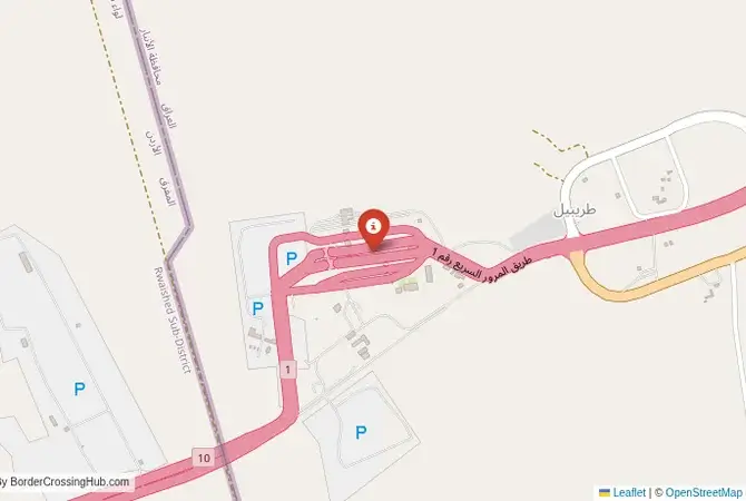 Close-up map showing a border crossing point with marker at the selected land port of entry between Iraq and Jordan