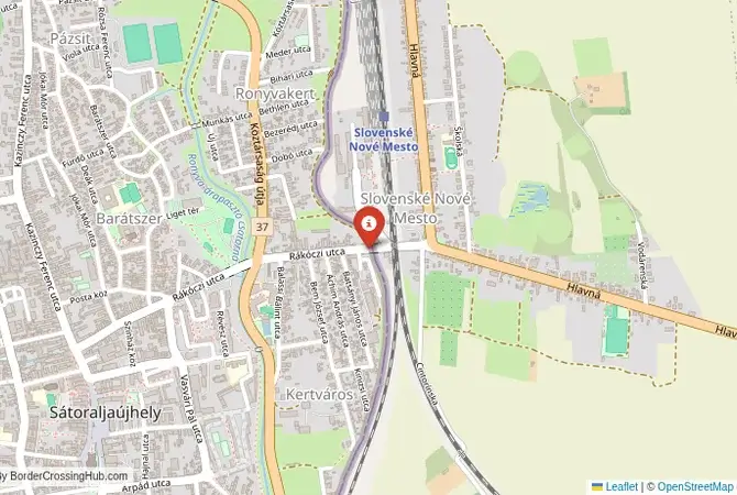 Close-up map showing a border crossing point with marker at the selected land port of entry between Slovakia and Hungary