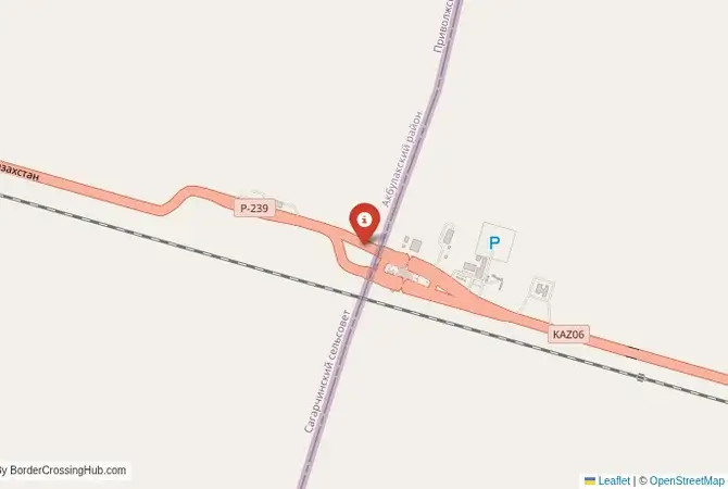 Close-up map showing a border crossing point with marker at the selected land port of entry between Kazakhstan and Russia