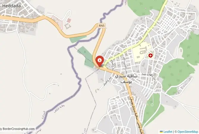 Close-up map showing a border crossing point with marker at the selected land port of entry between Algeria and Tunisia