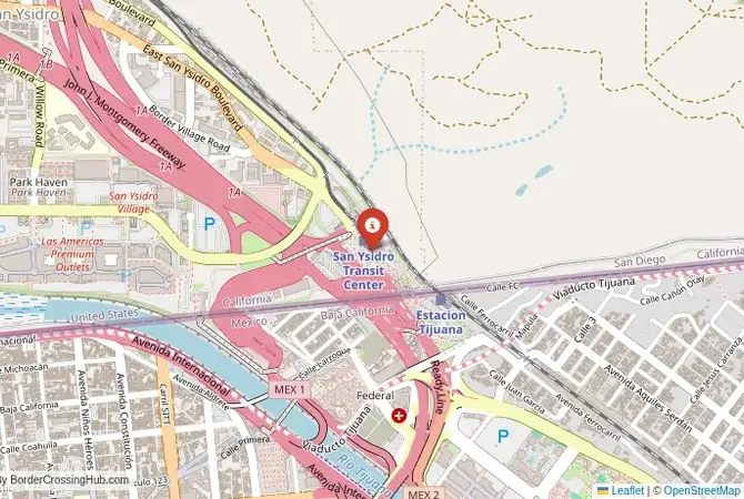 Close-up map showing a border crossing point with marker at the selected land port of entry between United States and Mexico