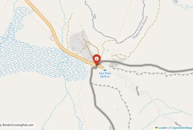 Close-up map showing a border crossing point with marker at the selected land port of entry between South Africa and Lesotho
