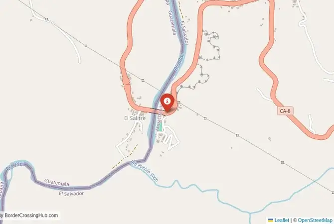 Close-up map showing a border crossing point with marker at the selected land port of entry between Guatemala and El Salvador