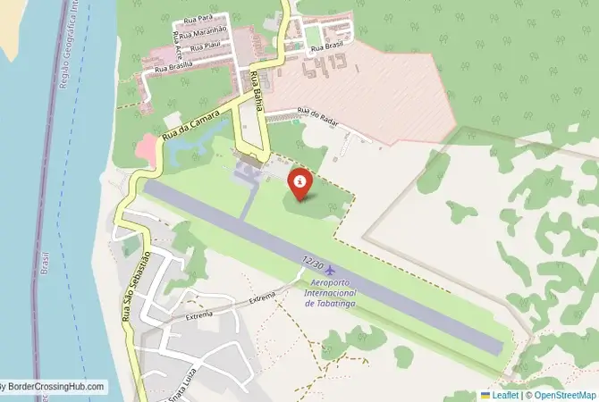 Close-up map showing a border crossing point with marker at the selected land port of entry between Brazil and Peru