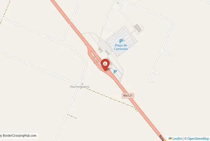 Close-up map showing a border crossing point with marker at the selected land port of entry between Brazil and Argentina