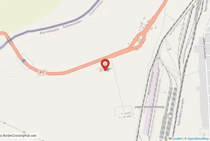 Close-up map showing a border crossing point with marker at the selected land port of entry between Iran and Turkmenistan
