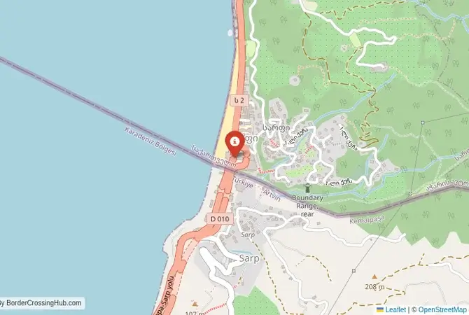 Close-up map showing a border crossing point with marker at the selected land port of entry between Turkey and Georgia