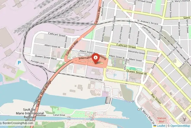 Close-up map showing a border crossing point with marker at the selected land port of entry between United States and Canada