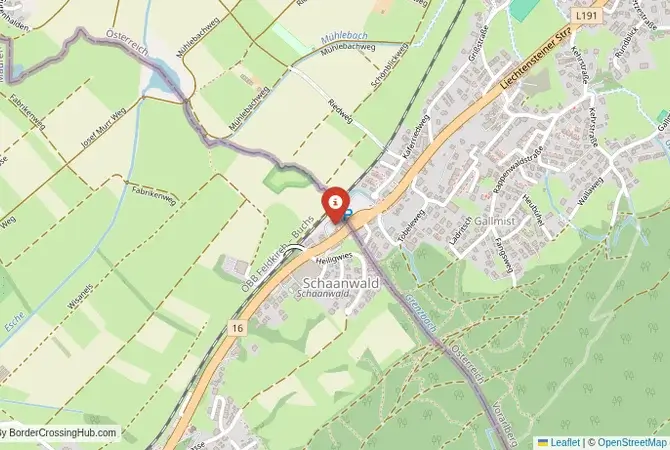Close-up map showing a border crossing point with marker at the selected land port of entry between Liechtenstein and Austria