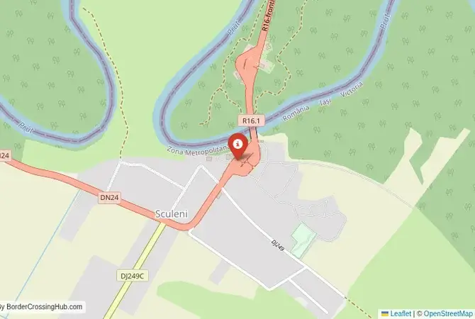 Close-up map showing a border crossing point with marker at the selected land port of entry between Moldova and Romania