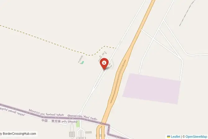 Close-up map showing a border crossing point with marker at the selected land port of entry between China and Mongolia
