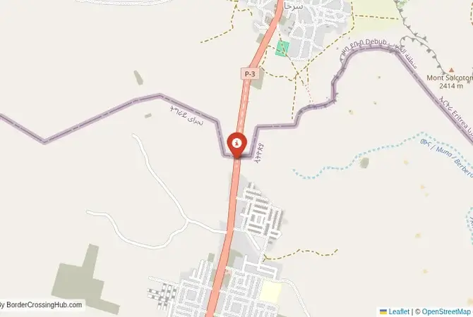 Close-up map showing a border crossing point with marker at the selected land port of entry between Eritrea and Ethiopia