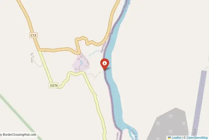 Close-up map showing a border crossing point with marker at the selected land port of entry between Namibia and South Africa