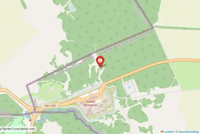 Close-up map showing a border crossing point with marker at the selected land port of entry between Belarus and Ukraine