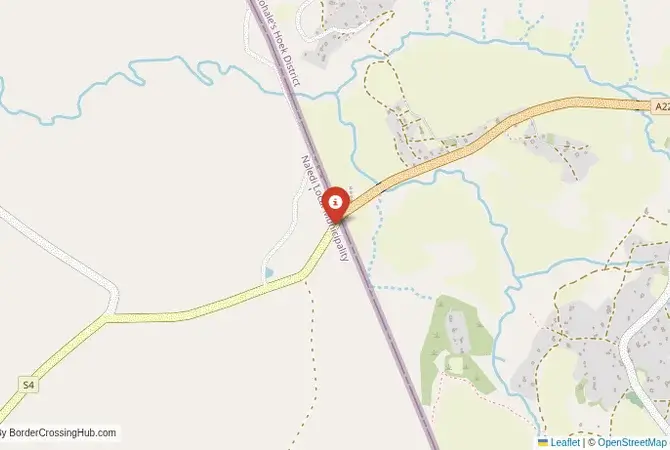 Close-up map showing a border crossing point with marker at the selected land port of entry between South Africa and Lesotho