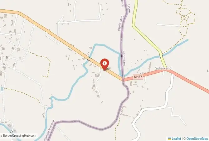 Close-up map showing a border crossing point with marker at the selected land port of entry between Bangladesh and India