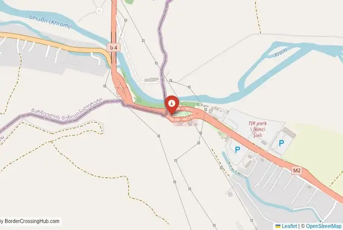 Close-up map showing a border crossing point with marker at the selected land port of entry between Georgia and Azerbaijan